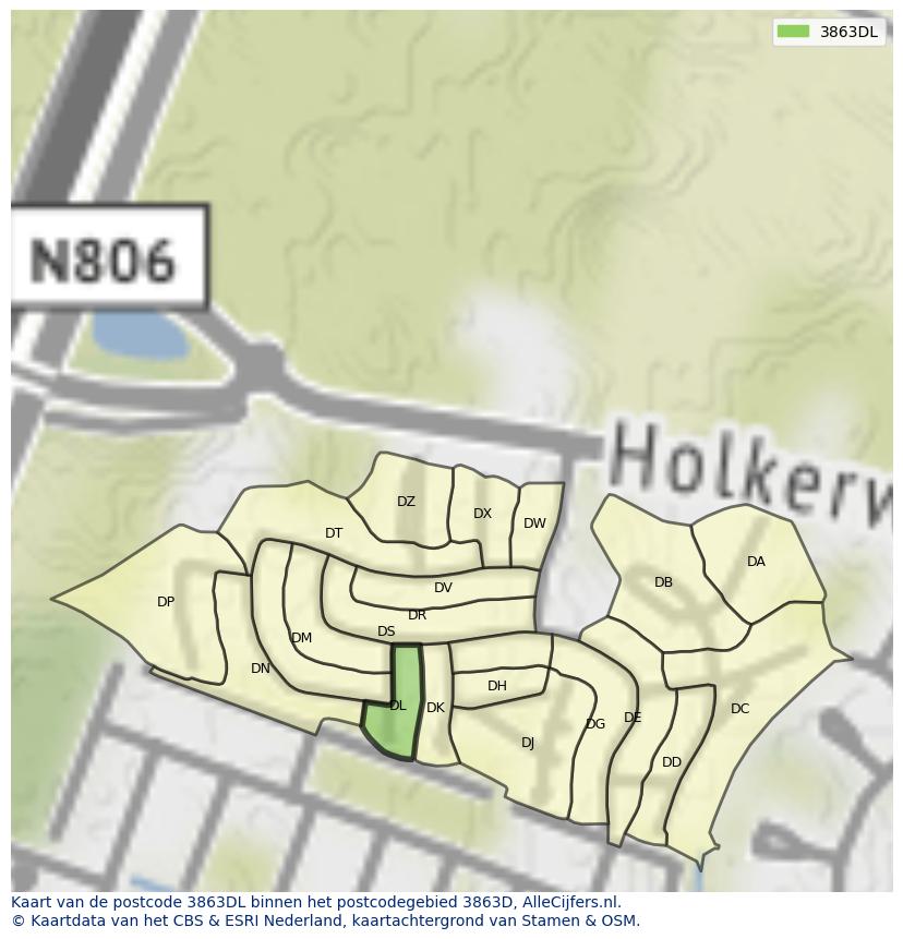 Afbeelding van het postcodegebied 3863 DL op de kaart.