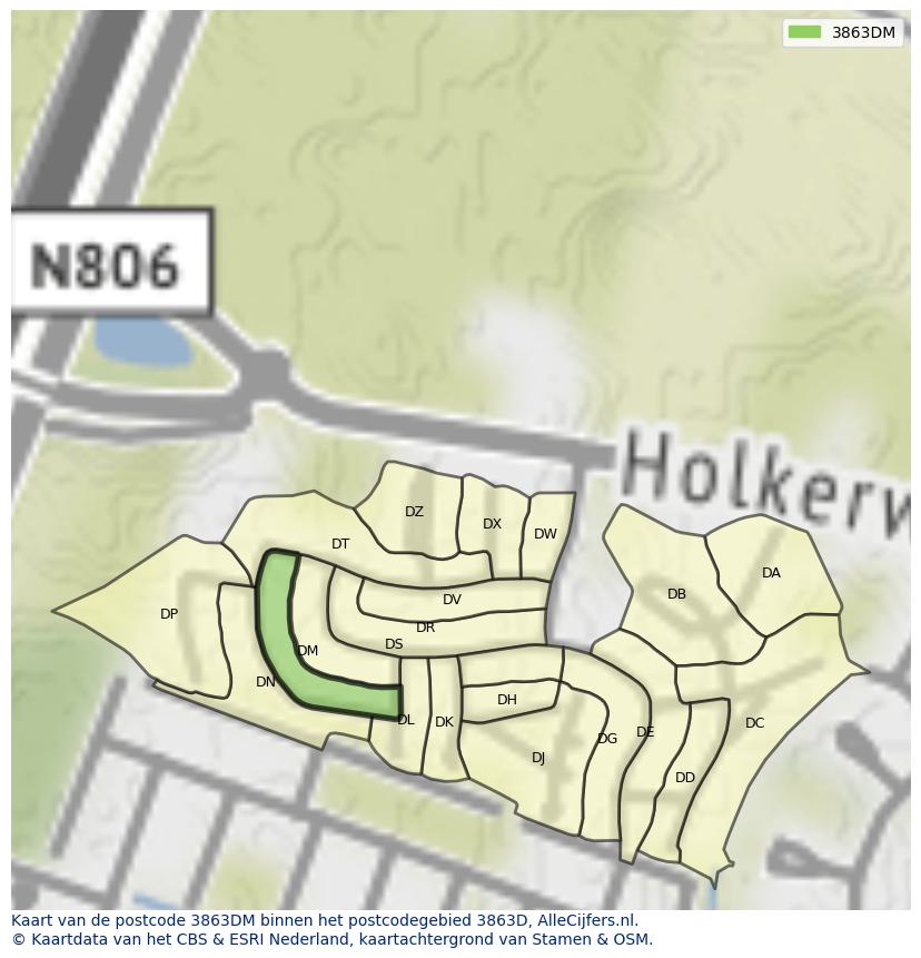 Afbeelding van het postcodegebied 3863 DM op de kaart.