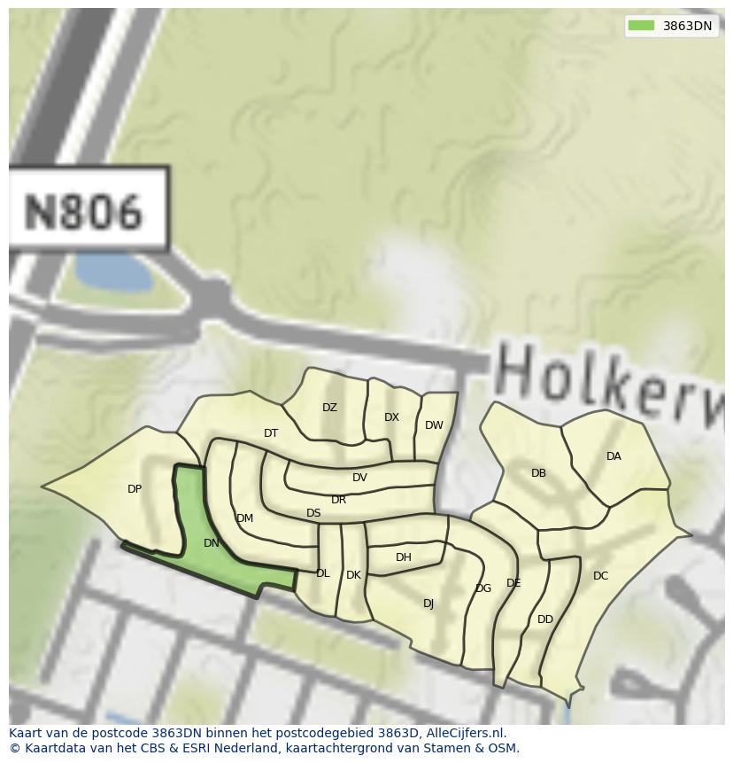 Afbeelding van het postcodegebied 3863 DN op de kaart.