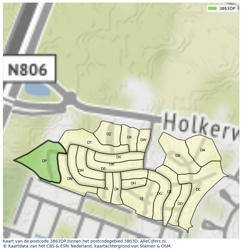 Afbeelding van het postcodegebied 3863 DP op de kaart.
