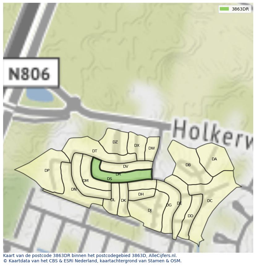 Afbeelding van het postcodegebied 3863 DR op de kaart.