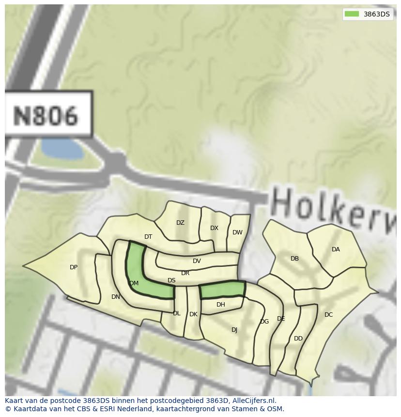 Afbeelding van het postcodegebied 3863 DS op de kaart.