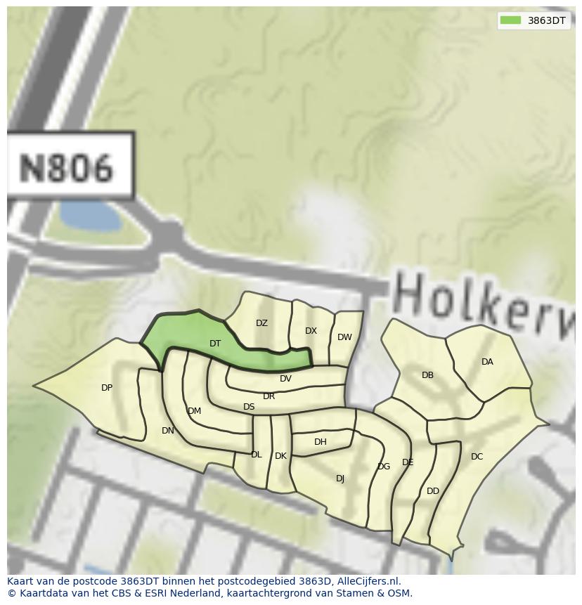 Afbeelding van het postcodegebied 3863 DT op de kaart.