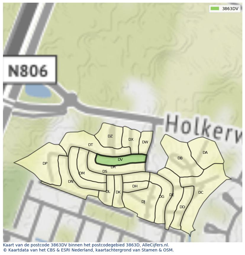 Afbeelding van het postcodegebied 3863 DV op de kaart.