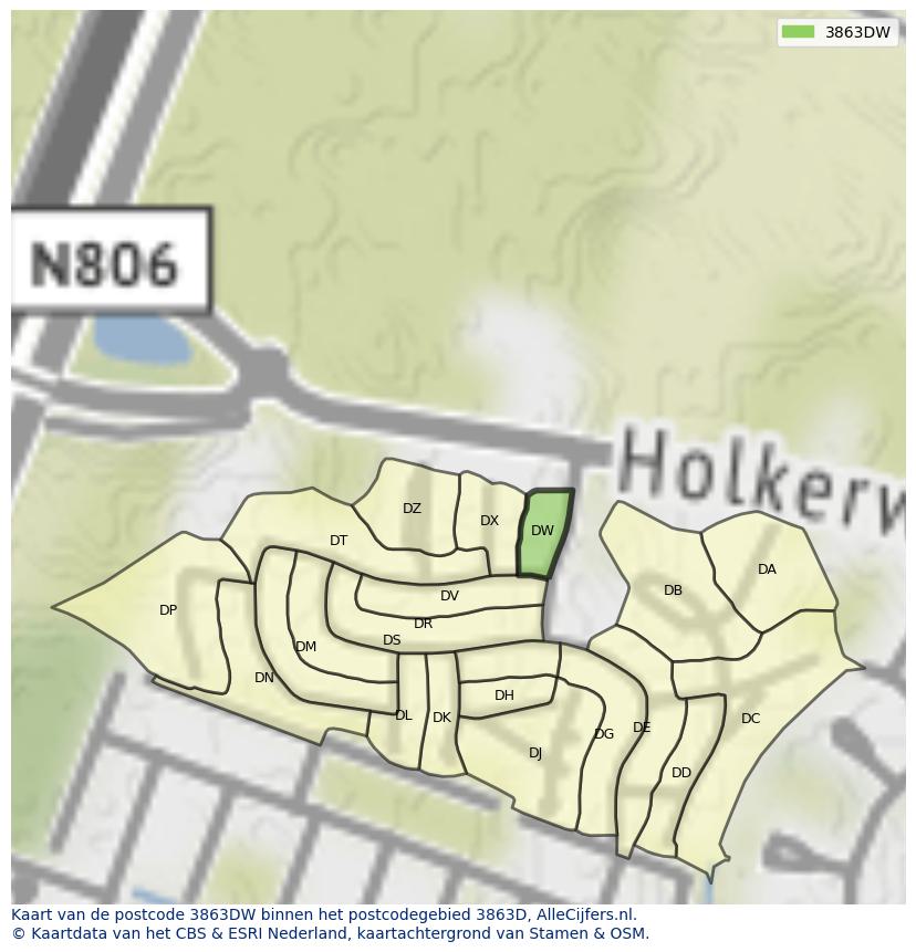 Afbeelding van het postcodegebied 3863 DW op de kaart.