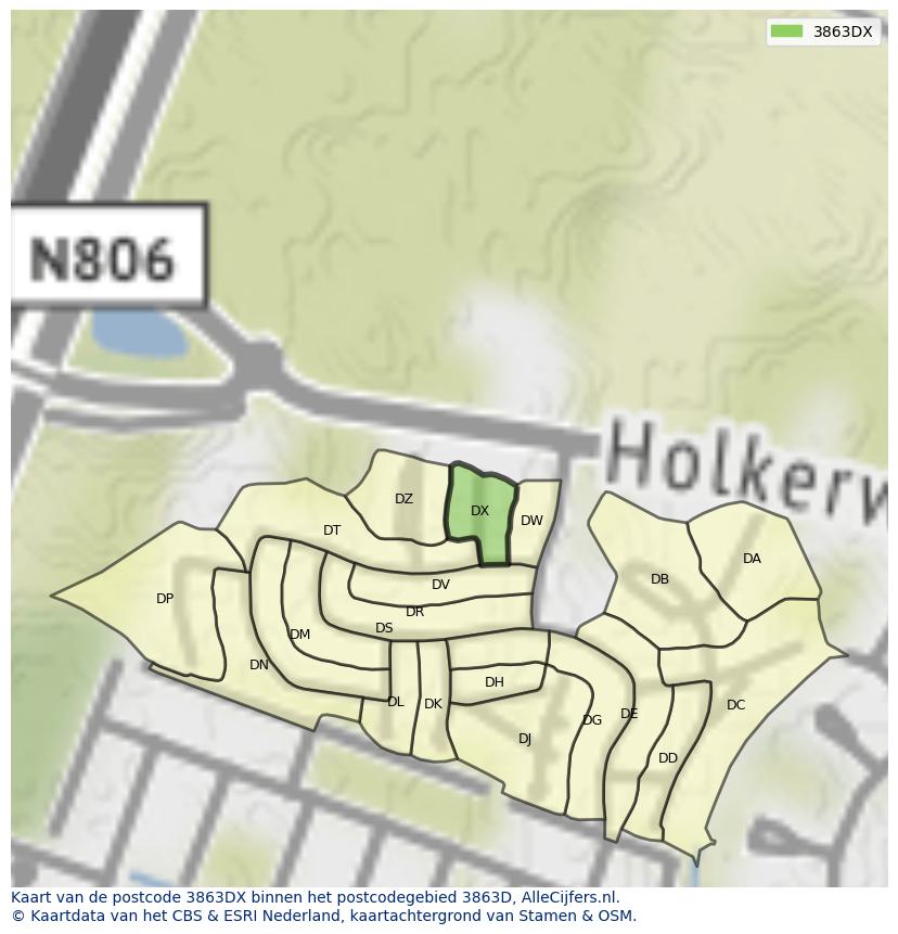 Afbeelding van het postcodegebied 3863 DX op de kaart.