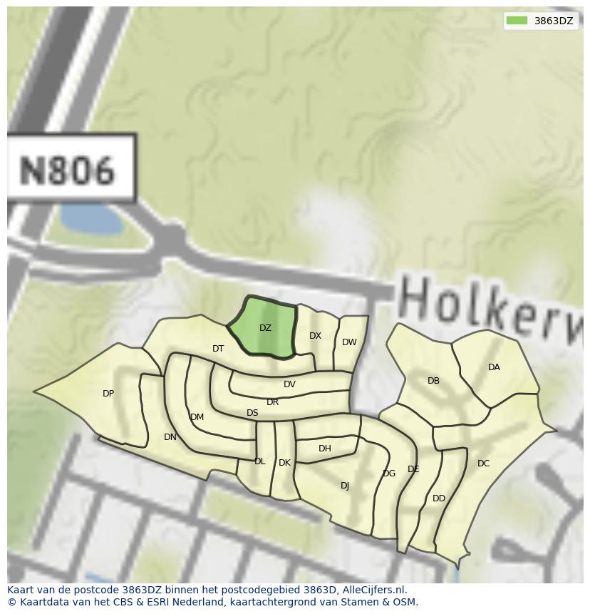 Afbeelding van het postcodegebied 3863 DZ op de kaart.