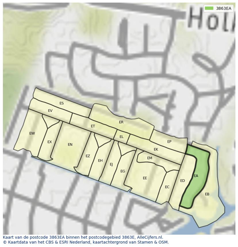 Afbeelding van het postcodegebied 3863 EA op de kaart.