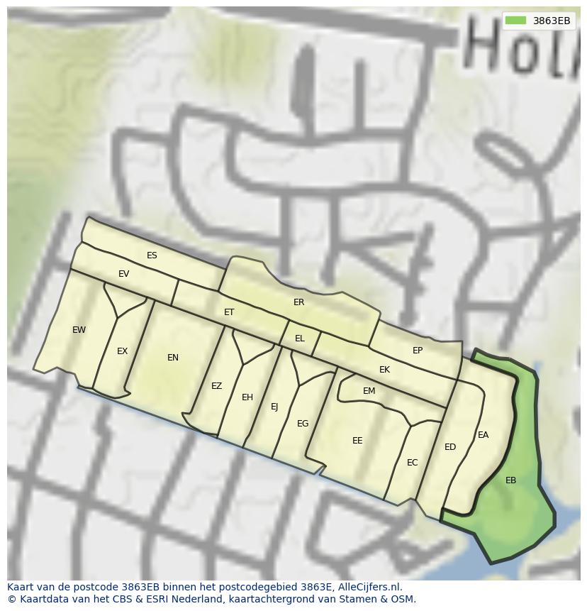 Afbeelding van het postcodegebied 3863 EB op de kaart.