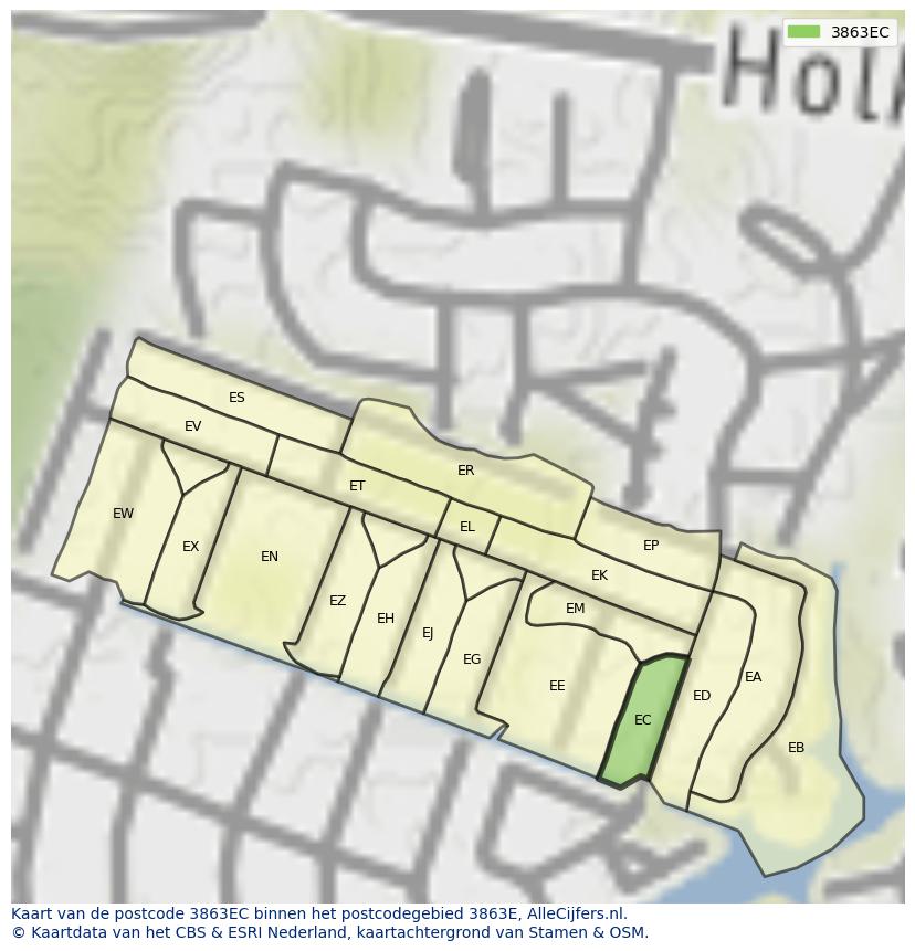 Afbeelding van het postcodegebied 3863 EC op de kaart.