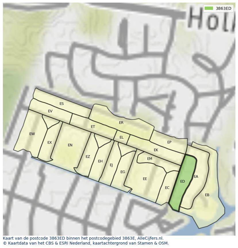 Afbeelding van het postcodegebied 3863 ED op de kaart.