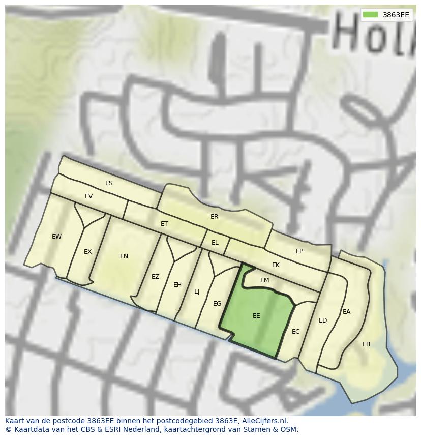 Afbeelding van het postcodegebied 3863 EE op de kaart.