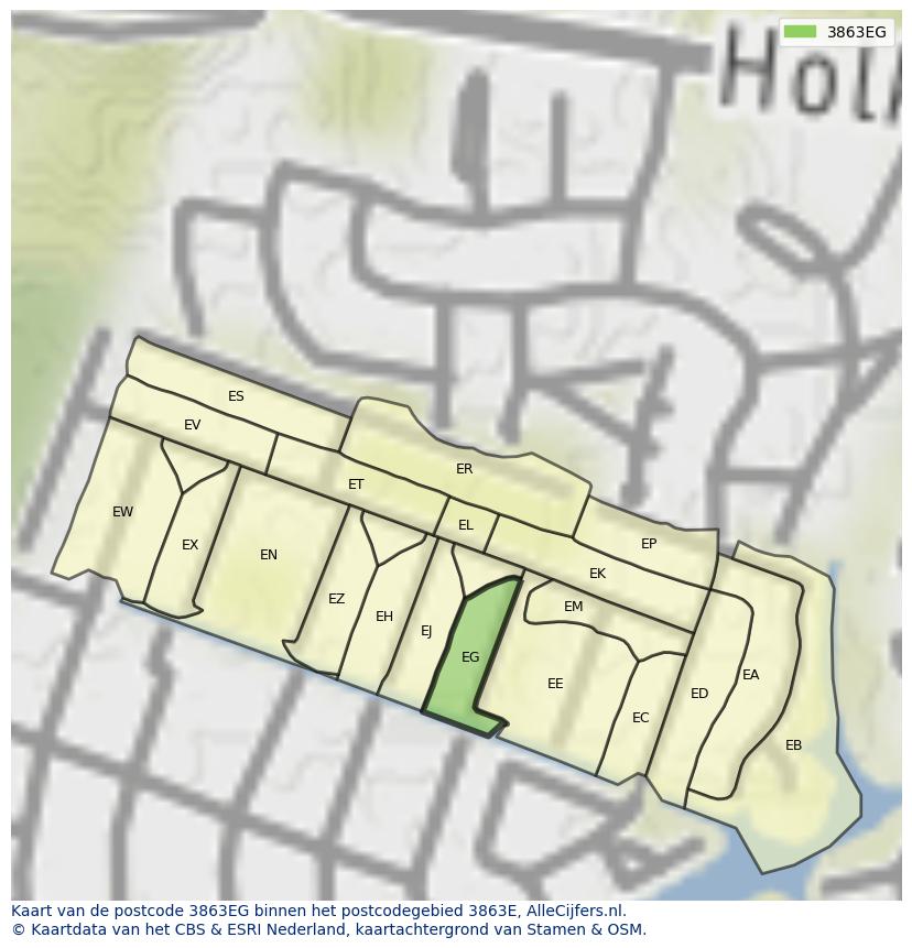 Afbeelding van het postcodegebied 3863 EG op de kaart.
