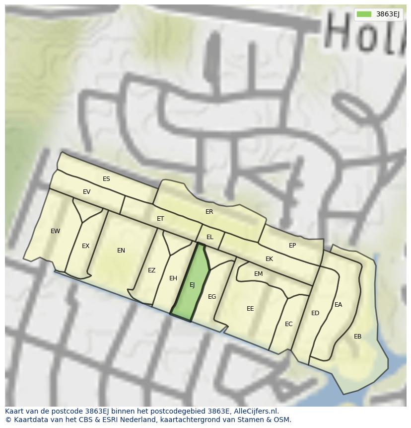 Afbeelding van het postcodegebied 3863 EJ op de kaart.