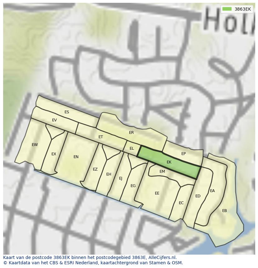 Afbeelding van het postcodegebied 3863 EK op de kaart.