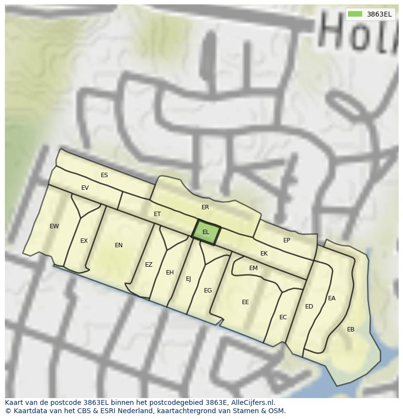 Afbeelding van het postcodegebied 3863 EL op de kaart.