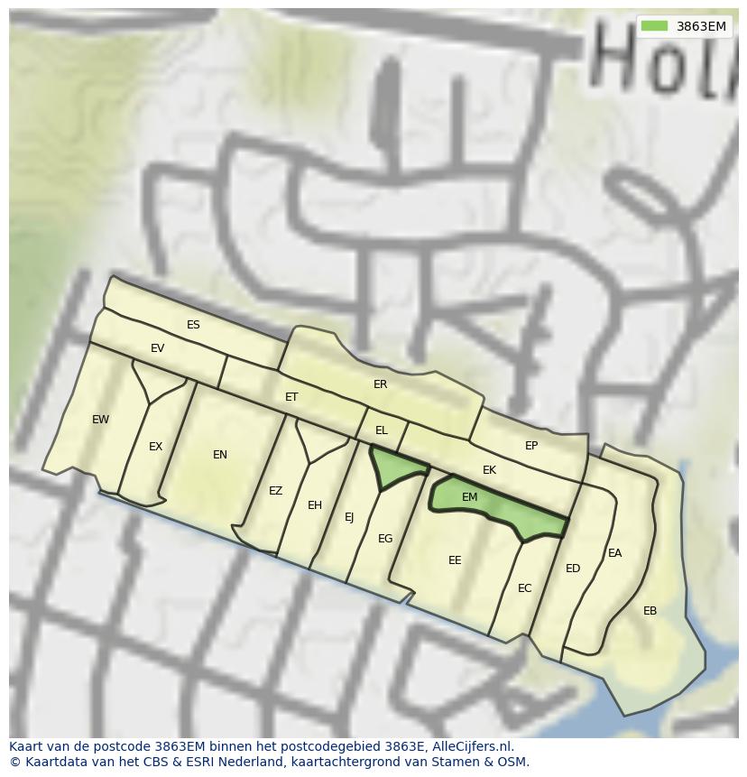 Afbeelding van het postcodegebied 3863 EM op de kaart.