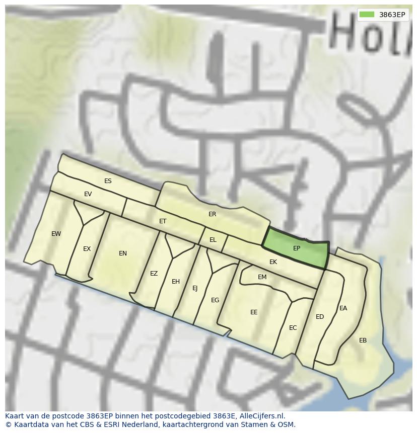 Afbeelding van het postcodegebied 3863 EP op de kaart.