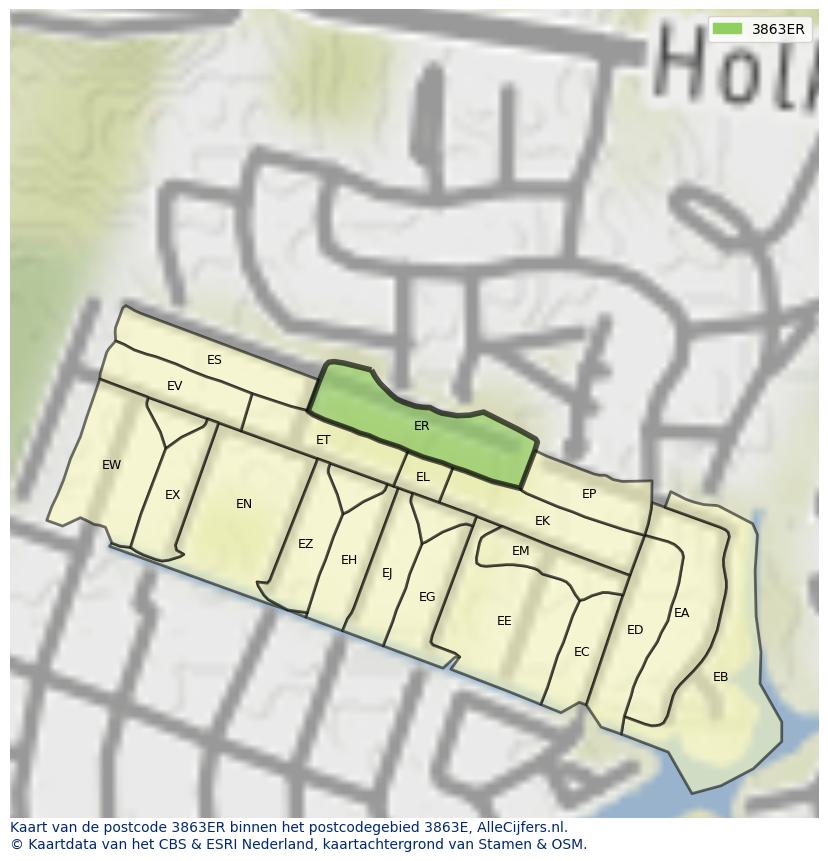 Afbeelding van het postcodegebied 3863 ER op de kaart.