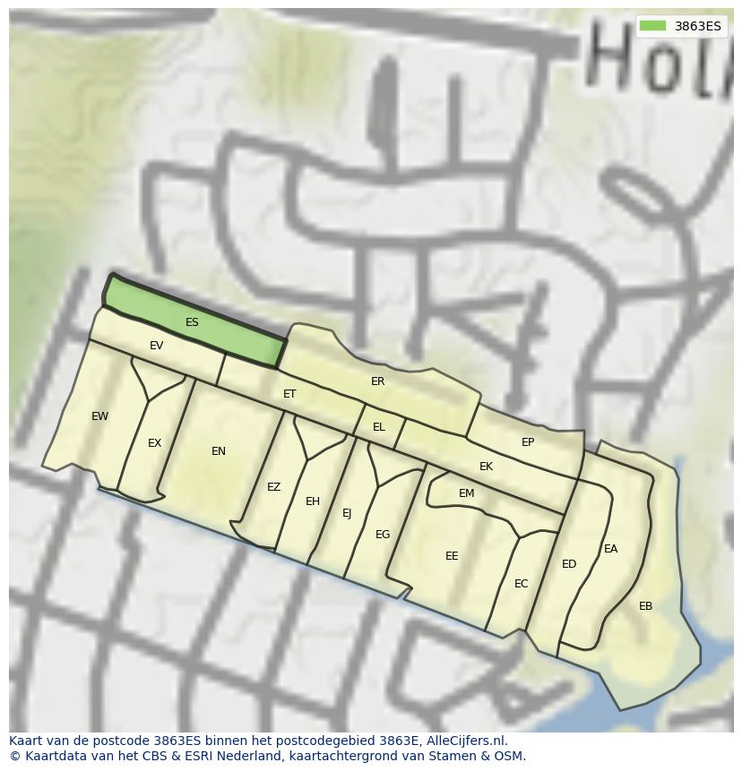 Afbeelding van het postcodegebied 3863 ES op de kaart.