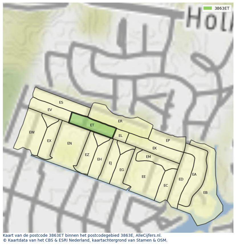 Afbeelding van het postcodegebied 3863 ET op de kaart.