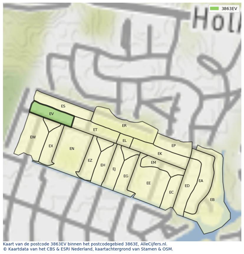 Afbeelding van het postcodegebied 3863 EV op de kaart.