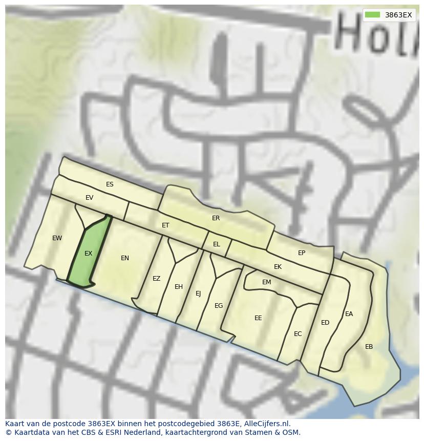Afbeelding van het postcodegebied 3863 EX op de kaart.
