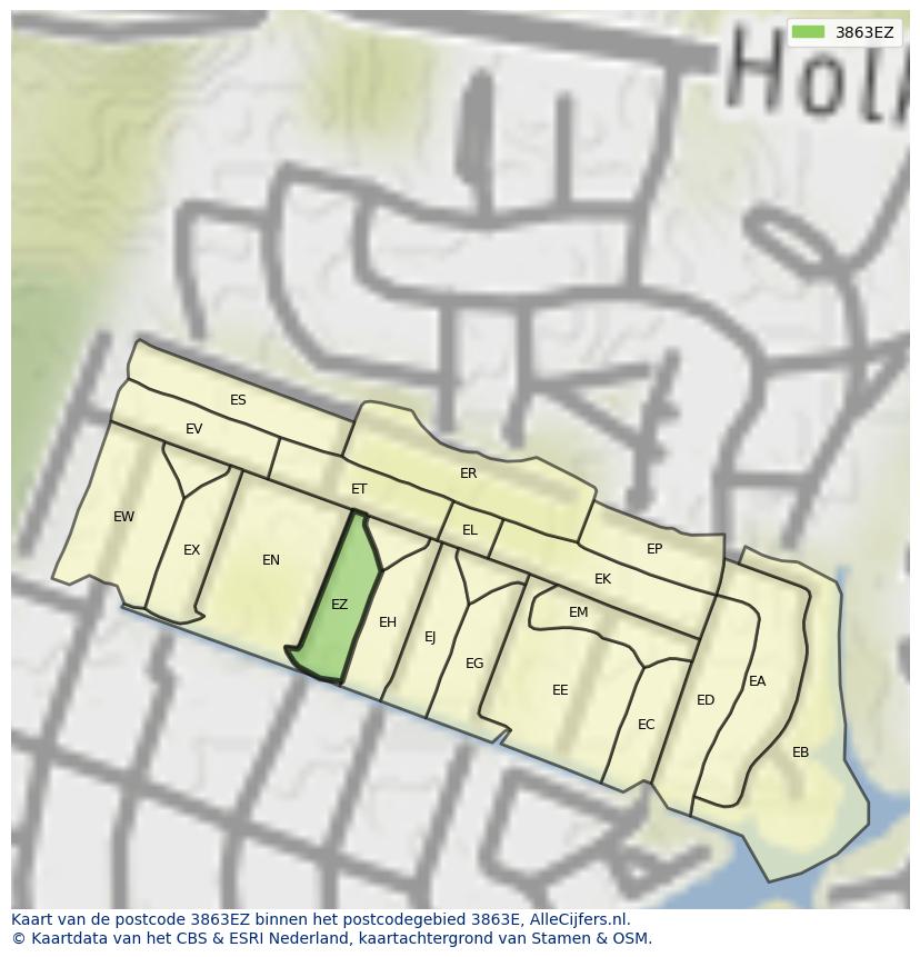 Afbeelding van het postcodegebied 3863 EZ op de kaart.