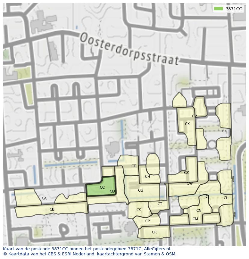Afbeelding van het postcodegebied 3871 CC op de kaart.