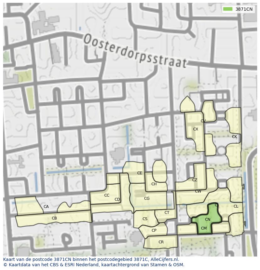 Afbeelding van het postcodegebied 3871 CN op de kaart.