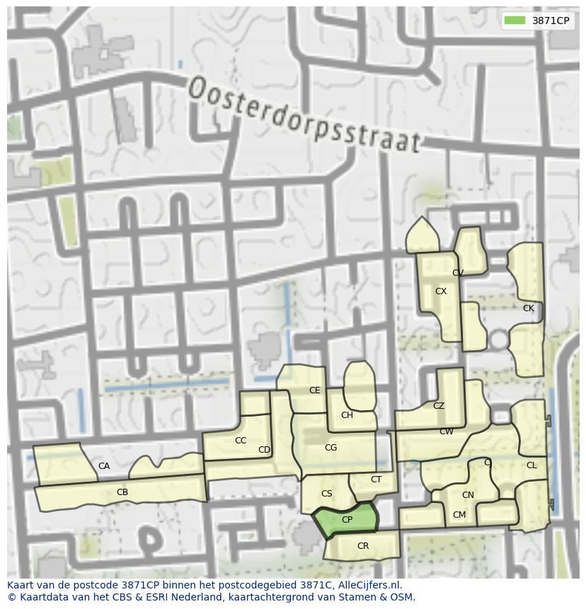 Afbeelding van het postcodegebied 3871 CP op de kaart.