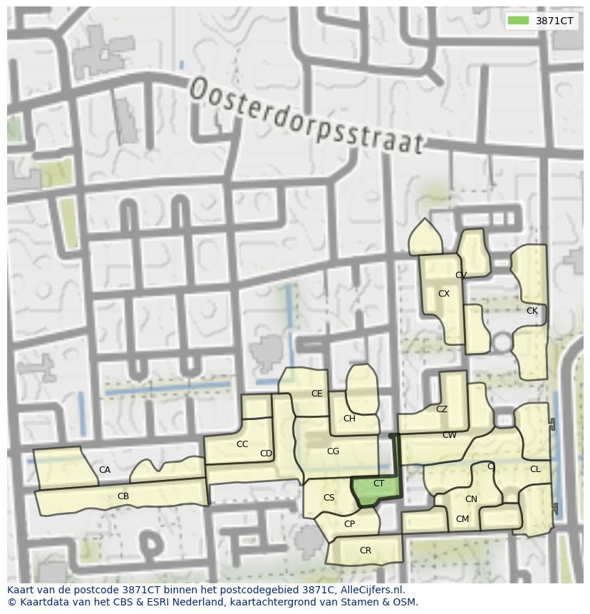 Afbeelding van het postcodegebied 3871 CT op de kaart.
