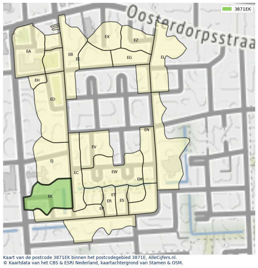 Afbeelding van het postcodegebied 3871 EK op de kaart.