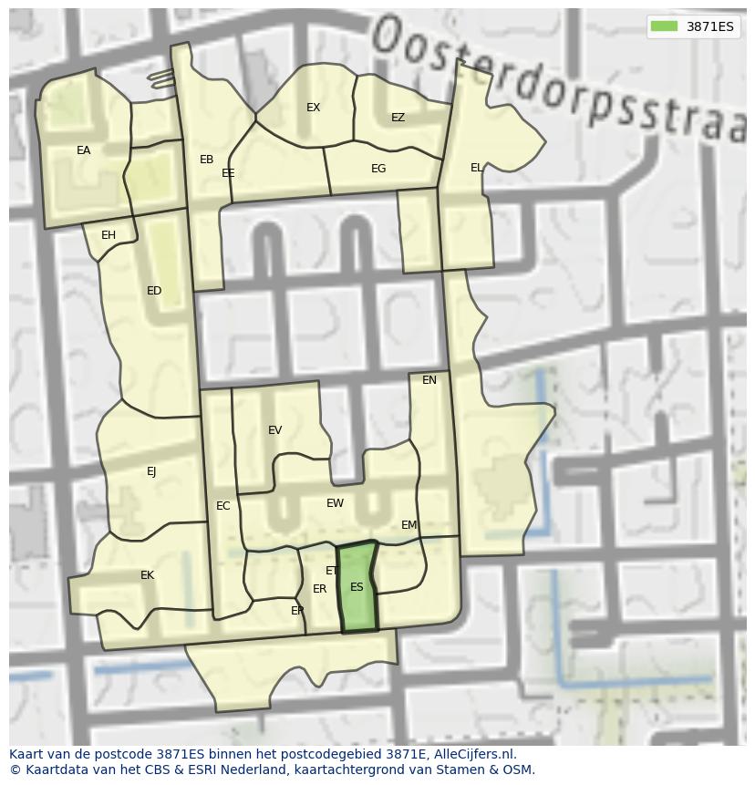 Afbeelding van het postcodegebied 3871 ES op de kaart.