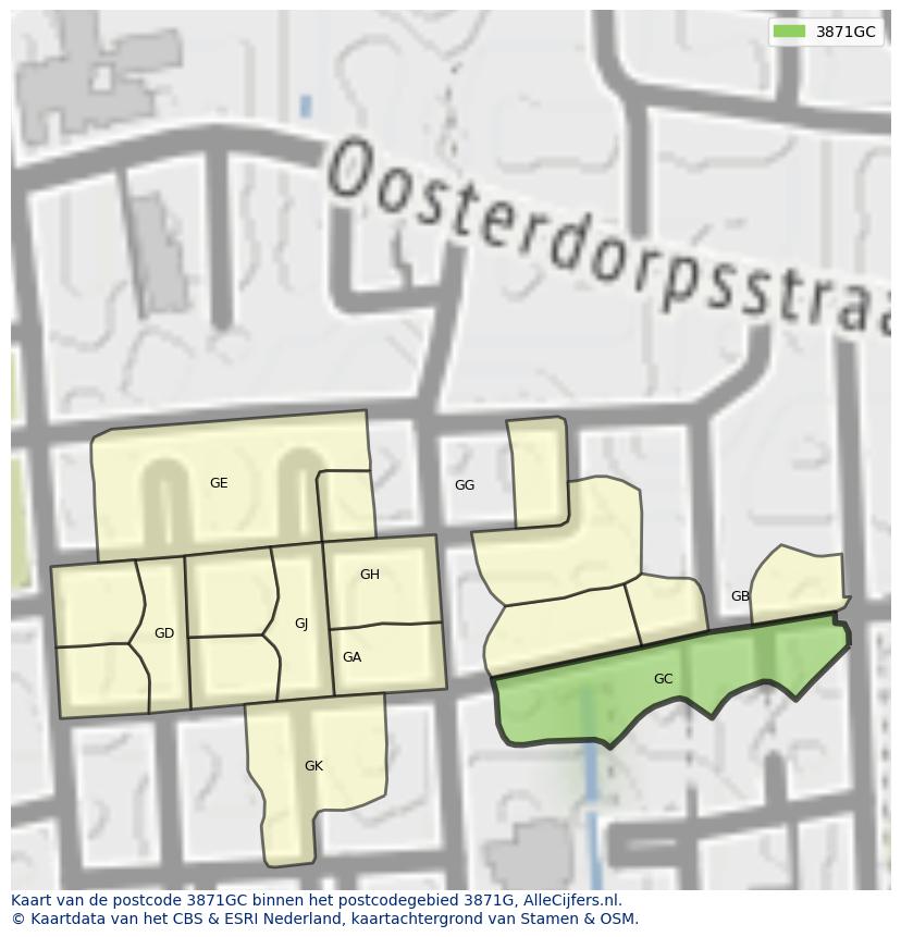 Afbeelding van het postcodegebied 3871 GC op de kaart.