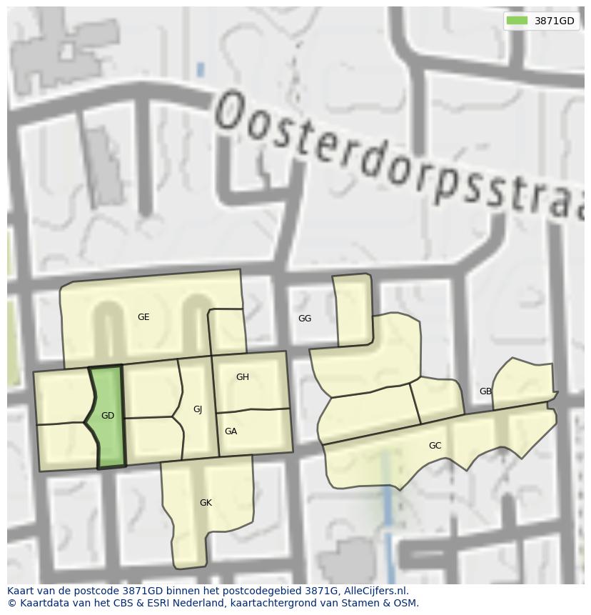 Afbeelding van het postcodegebied 3871 GD op de kaart.