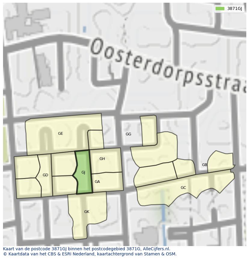 Afbeelding van het postcodegebied 3871 GJ op de kaart.