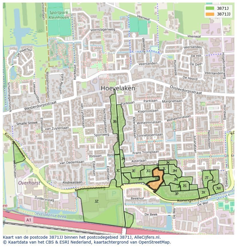 Afbeelding van het postcodegebied 3871 JJ op de kaart.