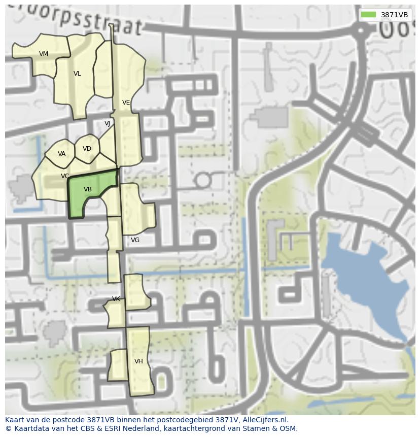 Afbeelding van het postcodegebied 3871 VB op de kaart.