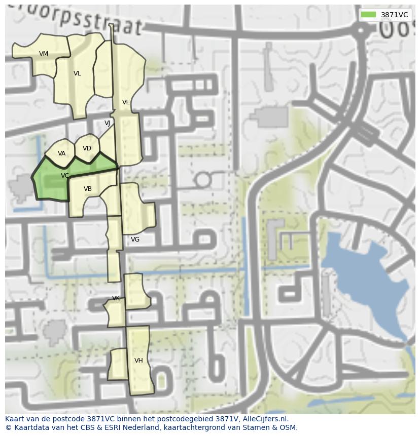 Afbeelding van het postcodegebied 3871 VC op de kaart.