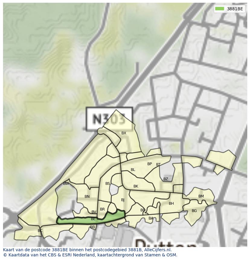 Afbeelding van het postcodegebied 3881 BE op de kaart.