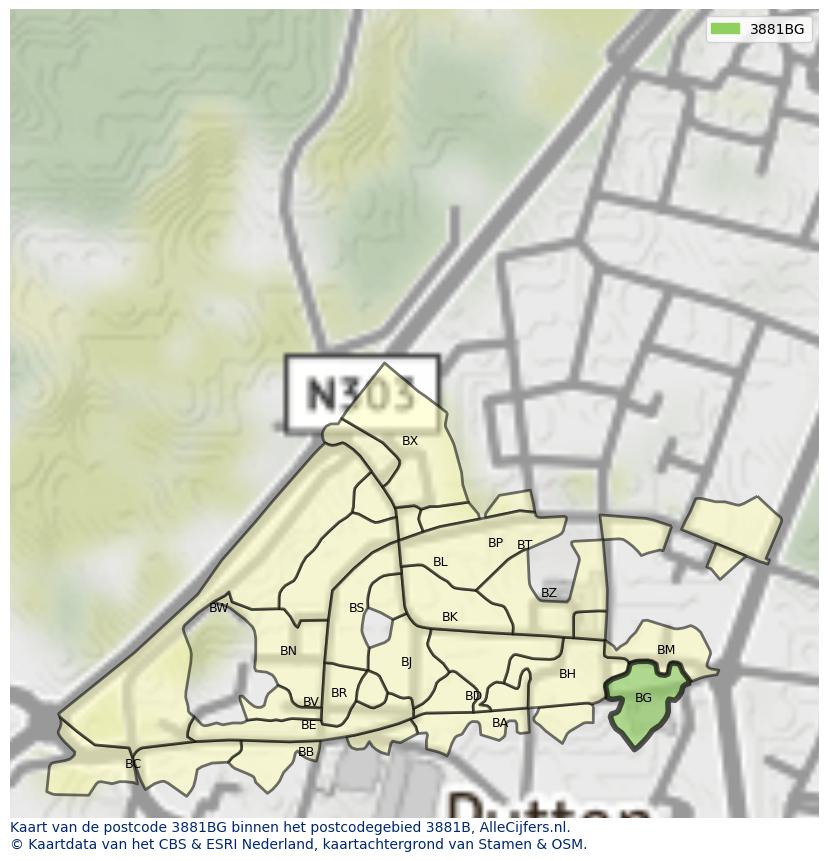 Afbeelding van het postcodegebied 3881 BG op de kaart.