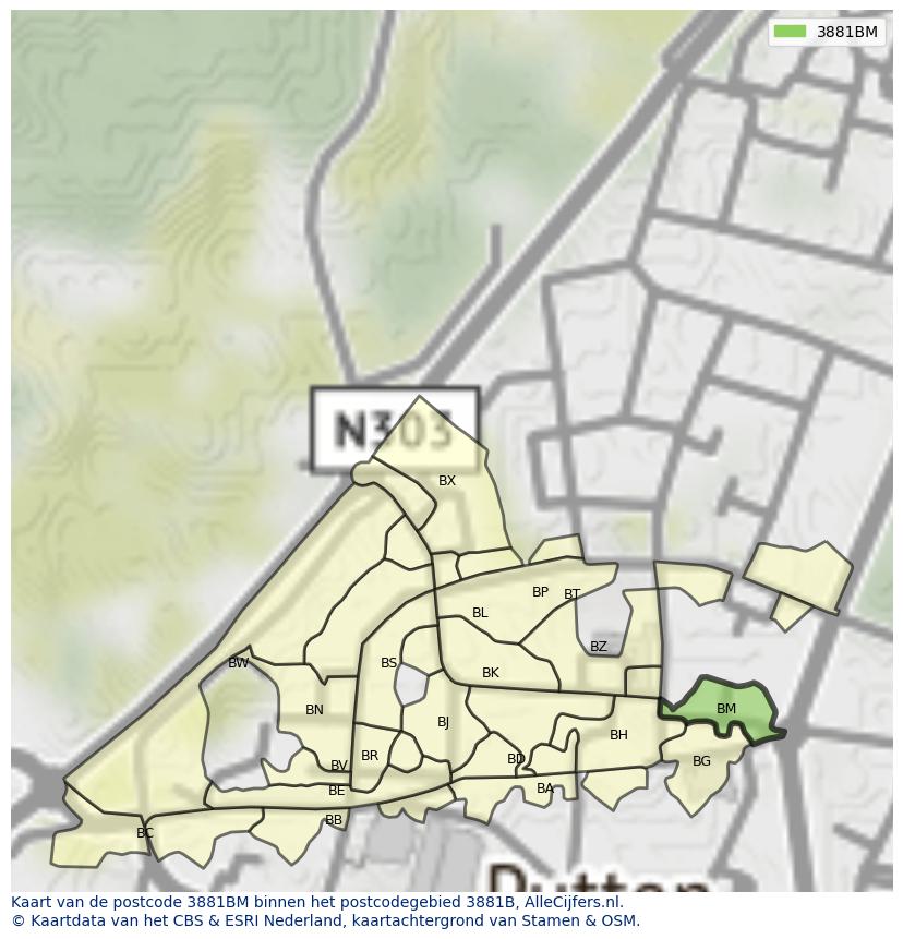 Afbeelding van het postcodegebied 3881 BM op de kaart.