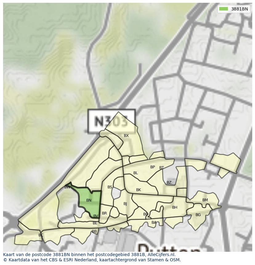 Afbeelding van het postcodegebied 3881 BN op de kaart.