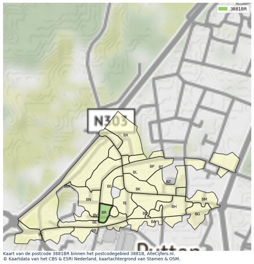 Afbeelding van het postcodegebied 3881 BR op de kaart.