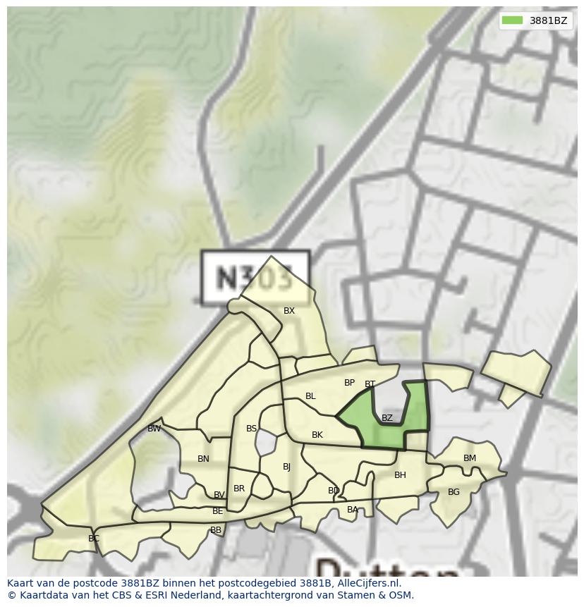 Afbeelding van het postcodegebied 3881 BZ op de kaart.