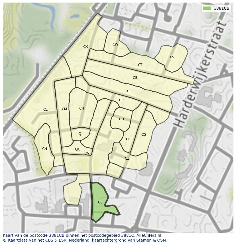 Afbeelding van het postcodegebied 3881 CB op de kaart.