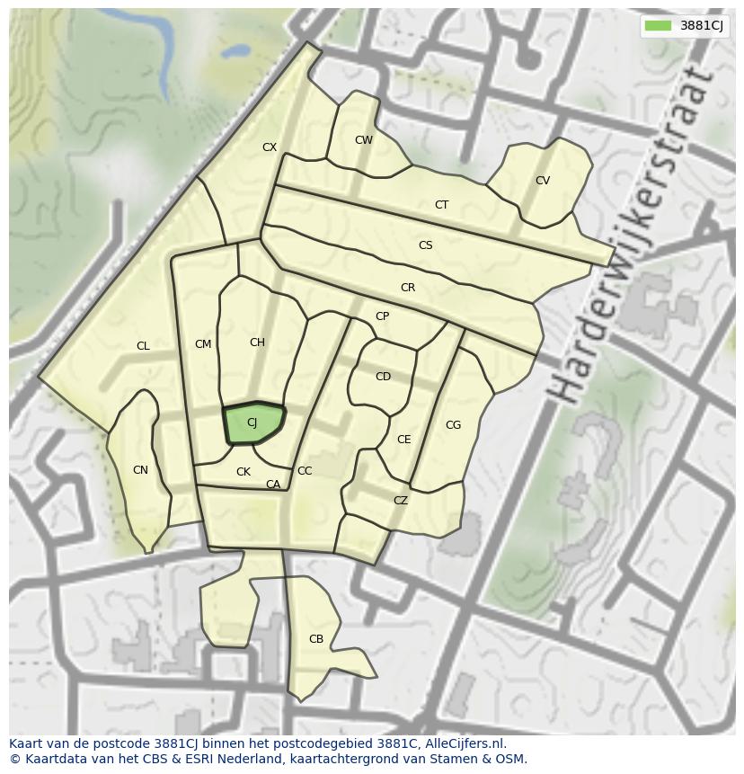 Afbeelding van het postcodegebied 3881 CJ op de kaart.