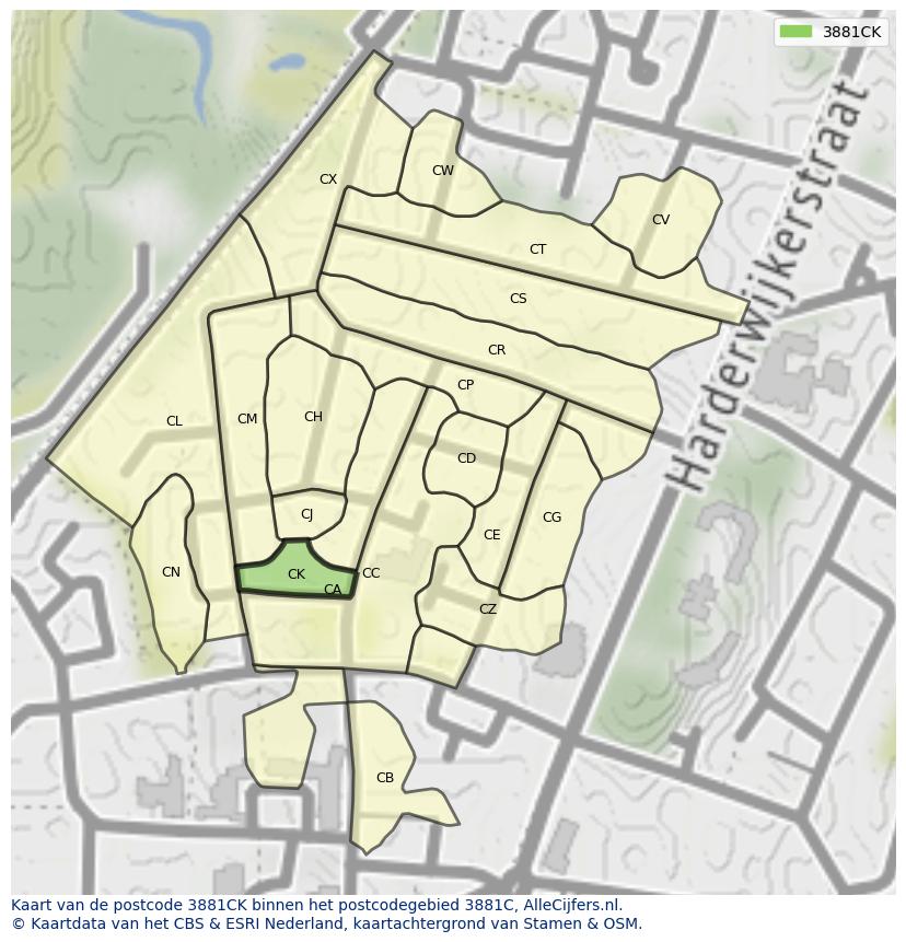 Afbeelding van het postcodegebied 3881 CK op de kaart.
