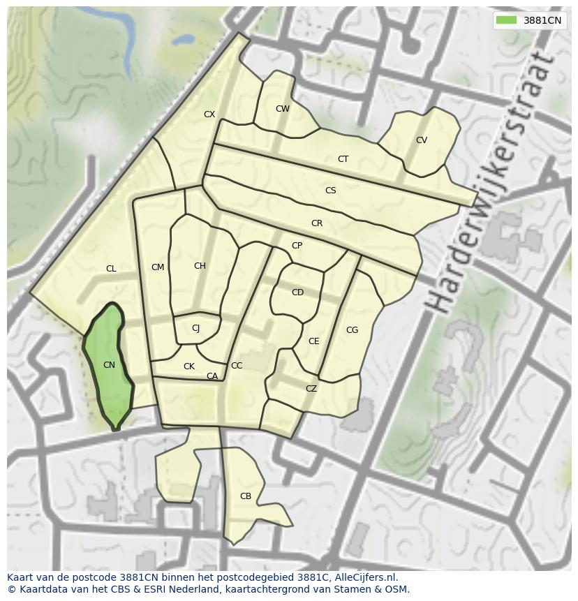 Afbeelding van het postcodegebied 3881 CN op de kaart.